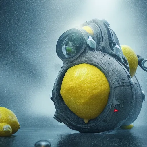 Image similar to gigantic lemon monster invading detroit, dslr, 8 k, octane beautifully detailed render, cold mood, cinematic lighting, detailed photo, masterpiece, volumetric lighting, ultra realistic, highly detailed, high quality, lossless, photorealistic