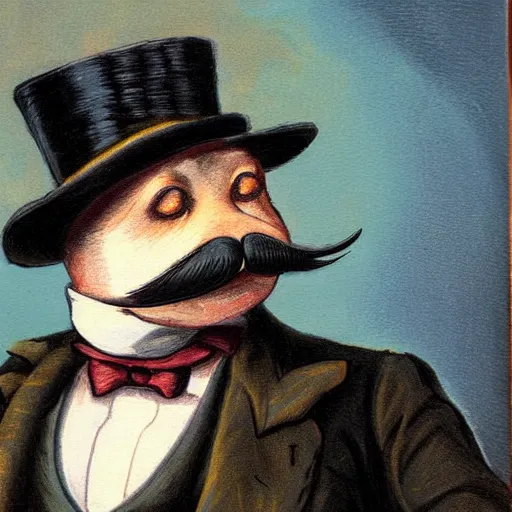 Prompt: gentleman seal with a top hat and monocle, mustache, posh, Victorian, painting