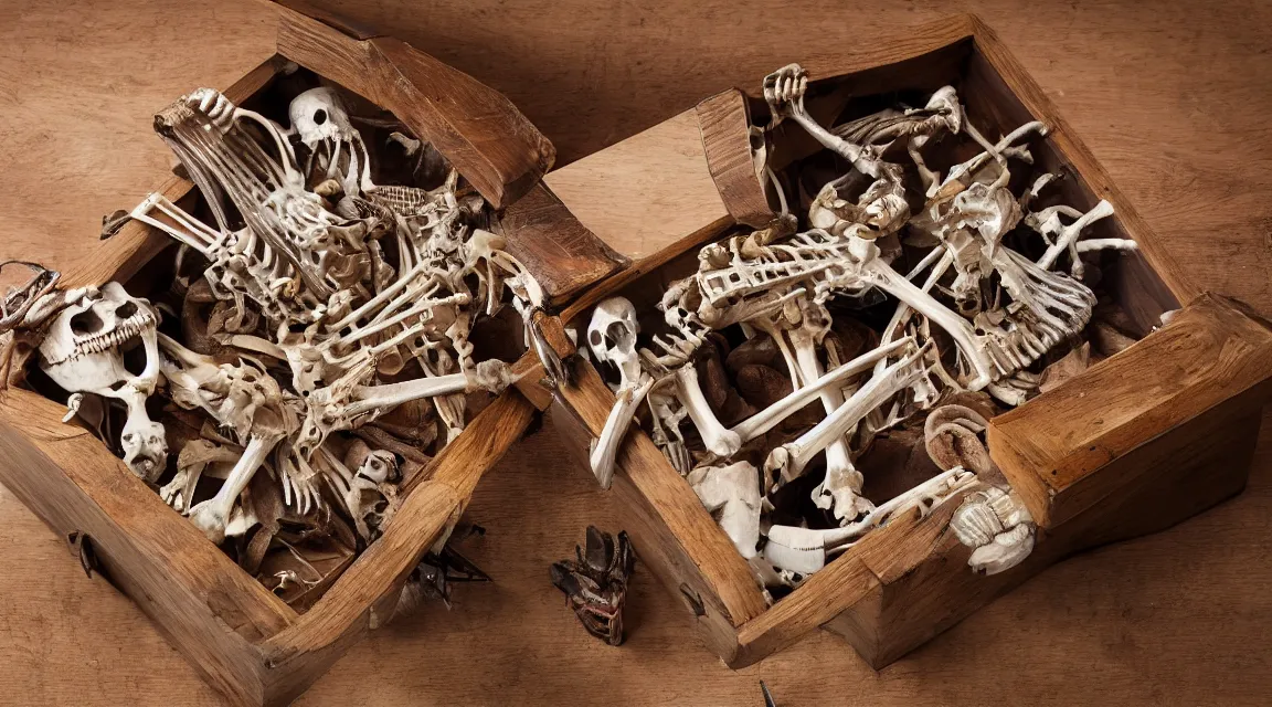 Prompt: wooden box with cabinet of curiosities neatly ordenend with duck skeleton bones and living worms, photo realistic, professional photo, by Steve McCurry