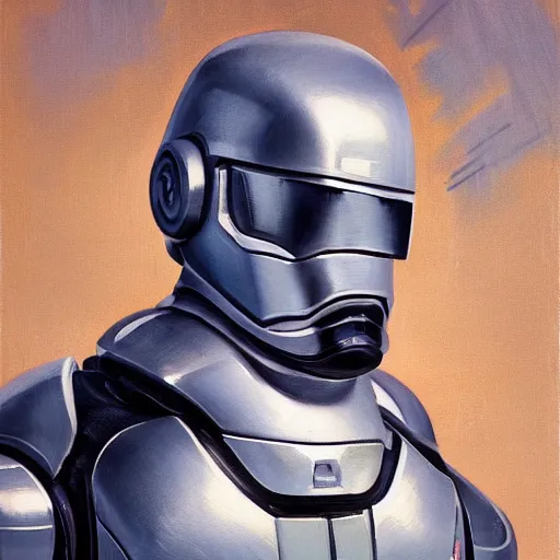 Prompt: greg manchess portrait painting of james murphy the robocop as overwatch character, 8 0 ies aesthetic, medium shot, asymmetrical, profile picture, organic painting, sunny day, matte painting, bold shapes, hard edges, street art, trending on artstation, by huang guangjian and gil elvgren and sachin teng