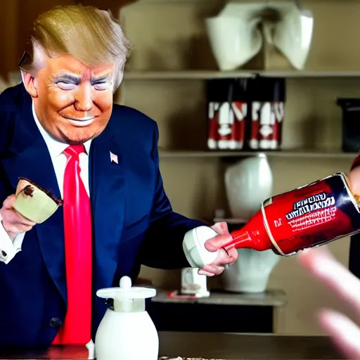 Image similar to donald j. trump spraying chocolate pudding onto liberals