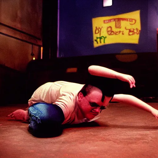 Prompt: Peter Griffin break dancing in a nightclub, 1990 photograph