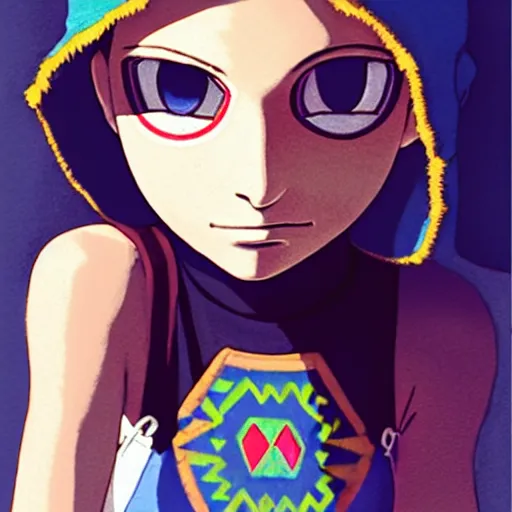 Image similar to beautiful boyish natalie portman gravure model in majora's mask, wearing wooden mask and baseball cap and leotard, street wear with subtle mayan patterns, aztec bathing suit, gapmoe yandere grimdark, trending on pixiv fanbox, painted by greg rutkowski makoto shinkai takashi takeuchi studio ghibli, akihiko yoshida