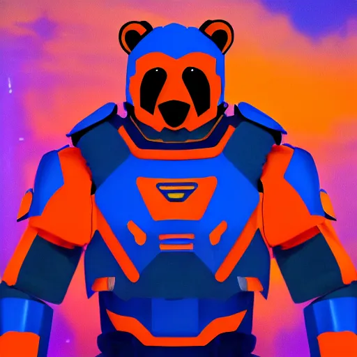 Image similar to A bear in orange and blue cyber armor facing you