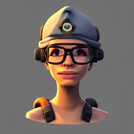 Image similar to 3 d render portrait of engineer from team fortress 2 by valve as a woman, 4 k, 8 k, hd, high resolution, highly detailed, ultra realistic faces, digital art, trending on artstation, team fortress 2