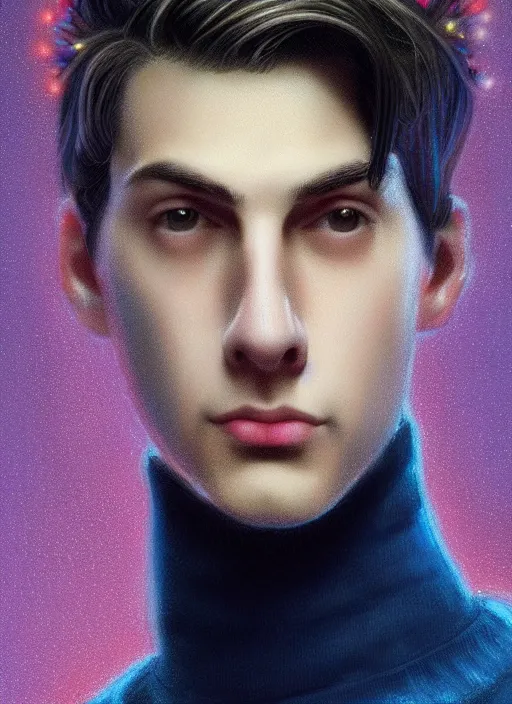 Image similar to portrait of teenage jughead jones wearing a light grey crown, crown, blue turtleneck, 1 9 5 0 s, closed eyes, photorealistic, black hair, glowing lighting, intricate, elegant, glowing lights, highly detailed, digital painting, artstation, concept art, smooth, sharp focus, illustration, art by wlop, mars ravelo and greg rutkowski