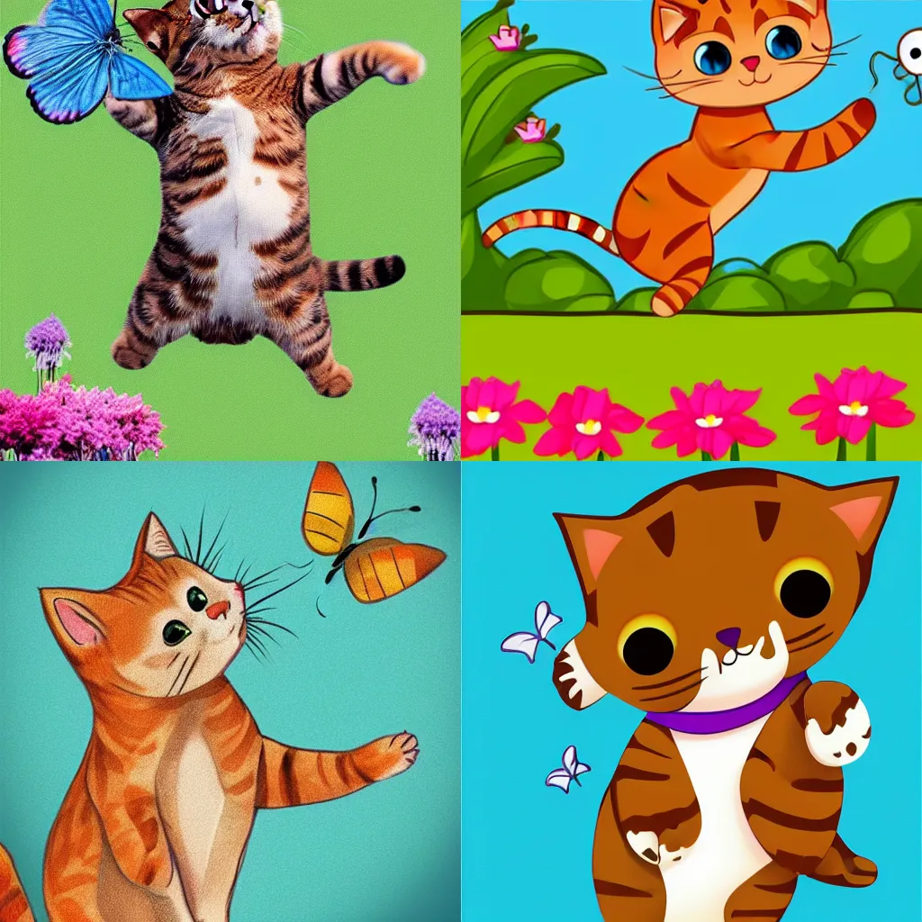 Prompt: A cute cat, jumping up to catch a butterfly, clip-art trending on Canva, blank background, detailed