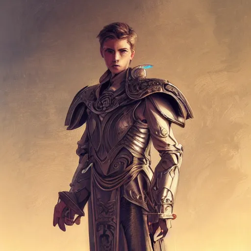 Prompt: portrait painting of a young melancholic man with a soft face and short light blonde hair wearing armor, ultra realistic, concept art, intricate details, eerie, highly detailed, photorealistic, octane render, 8 k, unreal engine. art by artgerm and greg rutkowski and charlie bowater and magali villeneuve and alphonse mucha