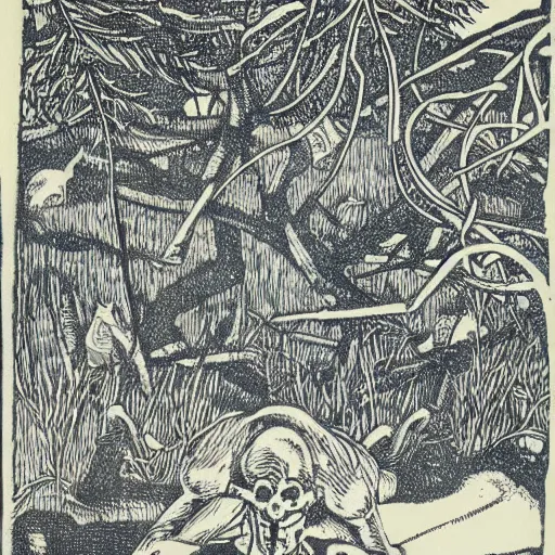 Image similar to the devil sits near a pile of bones in the edge of the woods. Woodblock print. Highly detailed.