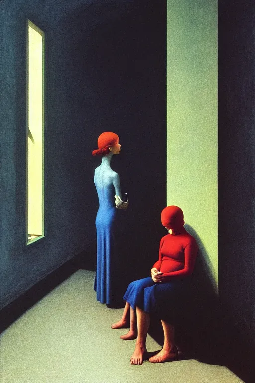 Image similar to twins, sisters, in the void, by the mirror, train station, woman poking tv in her head edward hopper and james gillard, zdislav beksinski, high detail alex colville, otto mueller, stephen conroy, sandro botticelli, andrew newell wyeth, daniel meidman jussi picho octane rendering