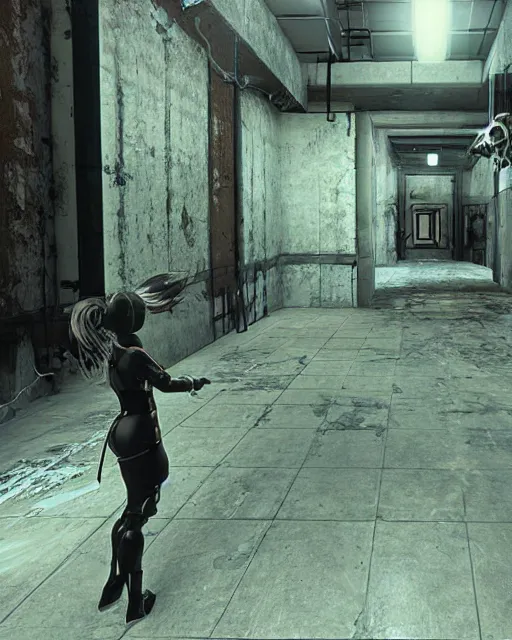 Image similar to film still 2 b nier automata from the video game half life ( 1 9 9 8 ). photographic, photography