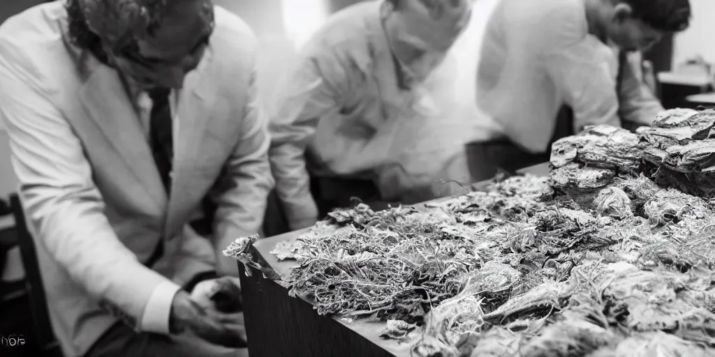 Prompt: In a foggy office, men in gray suits look at stones and dried and dead plants, , photo real, Eastman EXR 50D 5245/7245