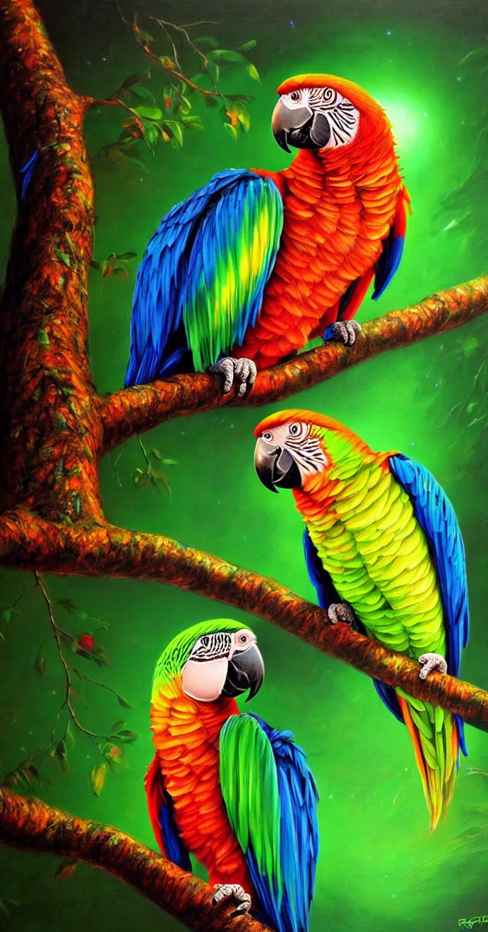 Prompt: realistic photo of colorful glowing parrot sitting on tree at dark night, very sharp focus, very hyper realistic, art of greg rutsowski, highly detailed, fantasy art station
