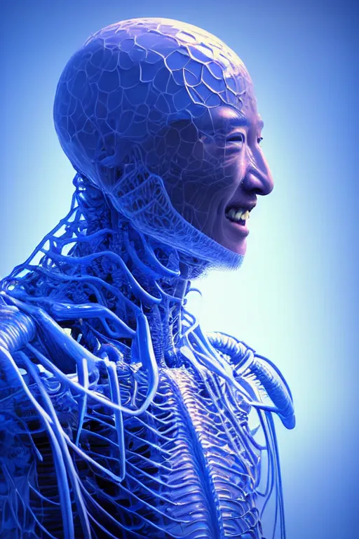 Image similar to hyperrealistic close-up translucent intricate exoskeleton!! smiling chinese man covered highly detailed concept art eric zener elson peter cinematic side soft blue light high angle hd 8k sharp shallow depth of field