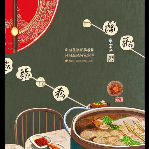 Image similar to a beautiful hyperdetailed 4 k hd wall paper illustration of roasted string hotpot restaurant restaurant yan'an, wall corner, simple style, wall painting, from china, with merchant logo, simple structure, surrealistic, chinese style, victo ngai