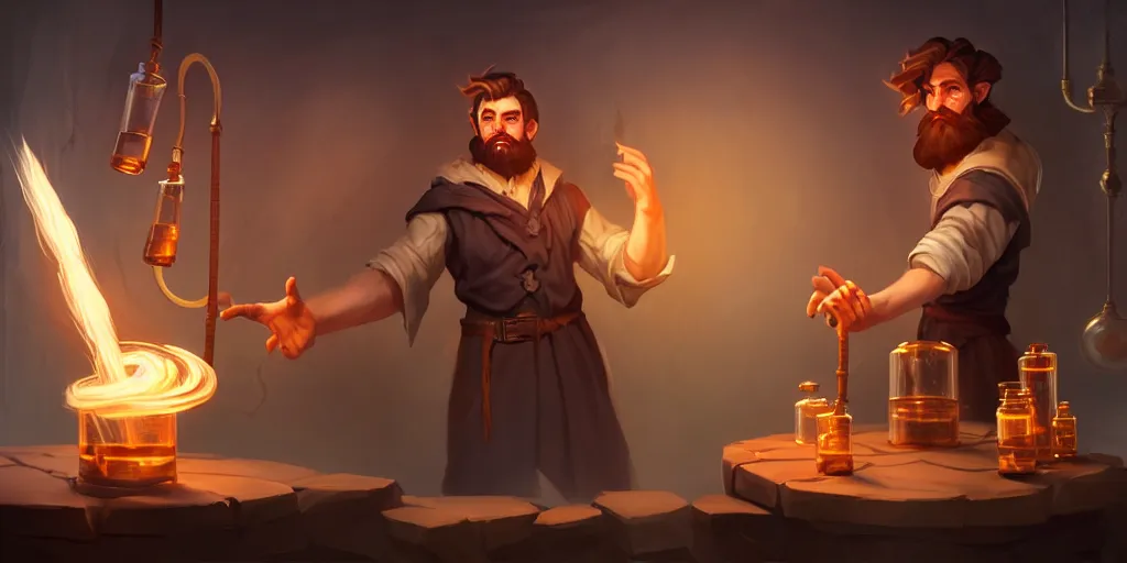 Prompt: a handsome bearded caucasian male sorcerer with brown hair he is casting a spell with flowing energy, he is in a alchemist lab filled with beakers and equipment, neutral pose, waist up, epic composition, 4 k, trending on artstation, by rudy siswanto and anna podedworna