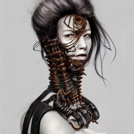 Image similar to portrait of a Shibari rope wrapped face and neck, headshot, insanely nice professional hair style, dramatic hair color, digital painting, of a old 13th century, biomechanical cyborg banker, amber jewels, baroque, ornate clothing, scifi, realistic, hyperdetailed, chiaroscuro, concept art, art by Franz Hals and Jon Foster and Ayami Kojima and Amano and Karol Bak,