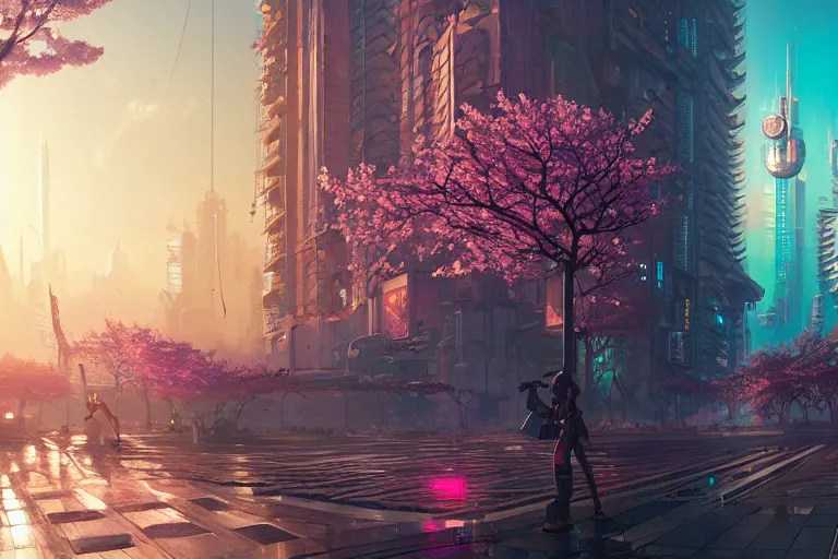 Image similar to cyberpunk city, cherry blossoms, unreal engine, fantasy art by greg rutkowski, loish, rhads, ferdinand knab, makoto shinkai and lois van baarle, ilya kuvshinov, rossdraws, tom bagshaw, global illumination, radiant light, detailed and intricate environment