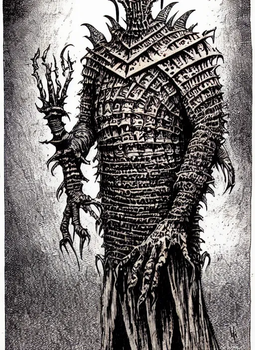 Prompt: pinhead as a d & d monster, full body, pen - and - ink illustration, etching, by russ nicholson, david a trampier, larry elmore, 1 9 8 1, hq scan, intricate details, monster manula, fiend folio
