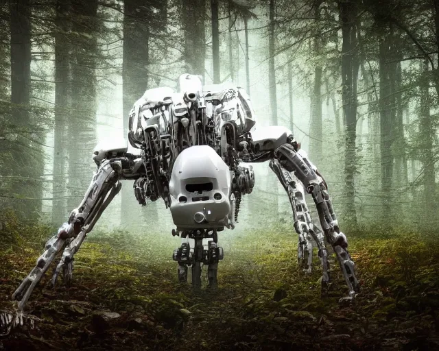 Image similar to photo of a giant huge white terminator spider with heavy duty biomechanical hydraulic cybernetic body with antennas and visor cogs and gears and components in the forest. cyberpunk horror style. highly detailed 8 k. intricate. nikon d 8 5 0 5 5 mm. award winning photography.