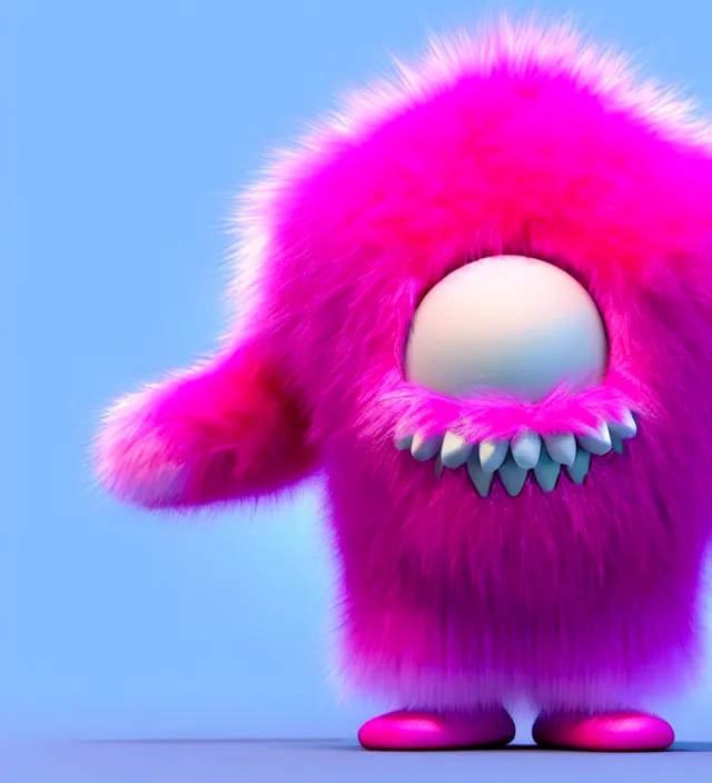 Prompt: high quality 3 d render hyperrealistic very cute big pink little spherical creature with big happy mouth an tooth, plush mascot, short spiky dense fluffy smooth hair, isometric 3 d, pink fluffy fur, 1 5 0 mm, beautiful natural soft light, rim light, smooth background, artstation, ultra detailed, elegant, ultra detailed, metallic armor, octane render