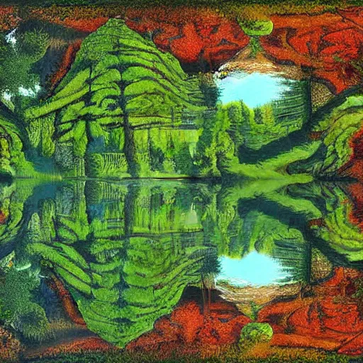 Image similar to escher painting of a lake, big trees reflecting on lake surface, ultra sharp, ultra detailed, colorized by salvador