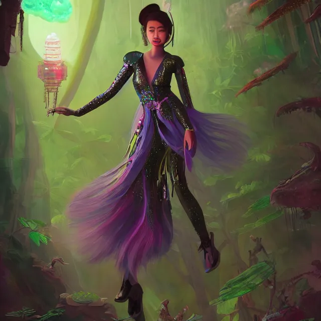 Image similar to southeast asian scifi princess of the cloud forest, wearing a lovely dress with cyberpunk details. this oil painting by the beloved children's book author has an interesting color scheme and impeccable lighting.