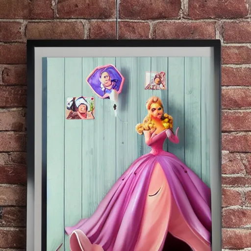 Image similar to poster of princess peach hanging on a wooden wall, realistic photo