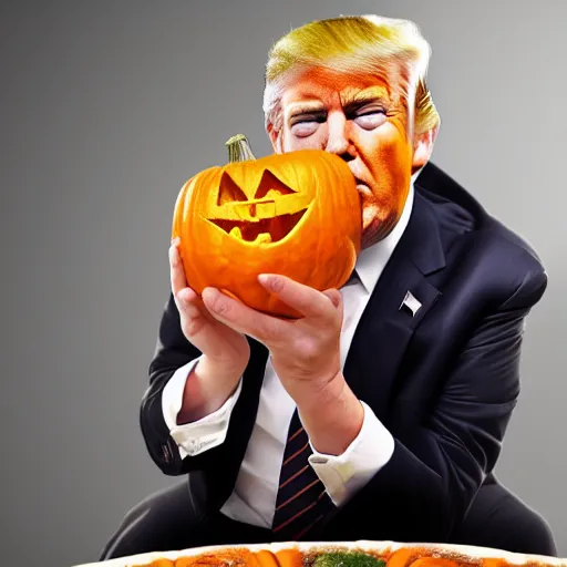 Image similar to Trump eating a pumpkin, hyper realistic, HD, HQ, photo realistic