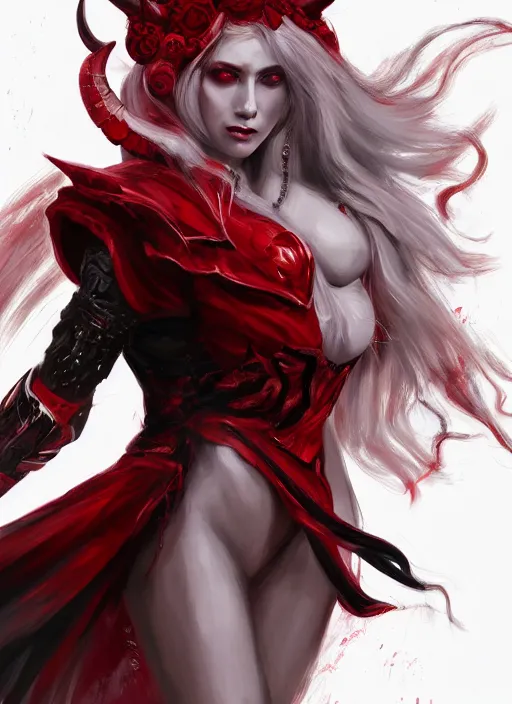 Image similar to a highly detailed illustration of fierce beautiful long white haired horned demon woman wearing red and black battle dress, dramatic power pose, perfect face, perfect body, intricate, elegant, highly detailed, centered, digital painting, artstation, concept art, smooth, sharp focus, league of legends concept art, wlop.