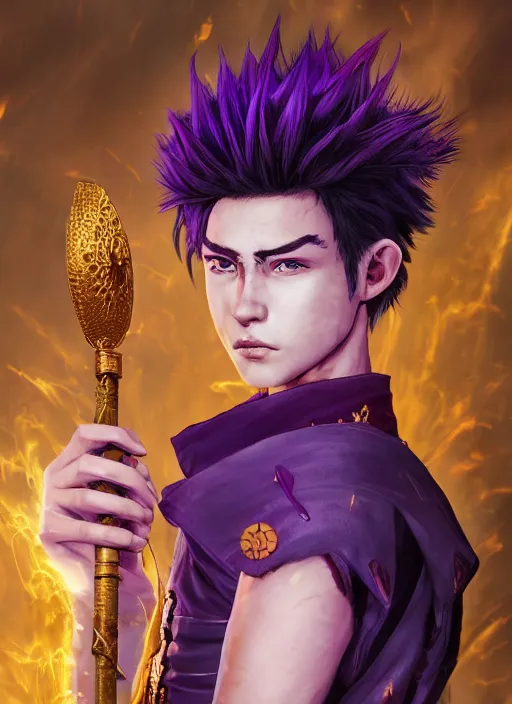 Image similar to An epic fantasy comic book style portrait painting of teenager boy with straight indigo hair, purple eyes with red eye markers, slim body, wearing a detailed Japanese kimono with golden armor details, holding a fan. Unreal 5, DAZ, hyperrealistic, octane render, cosplay, RPG portrait, dynamic lighting