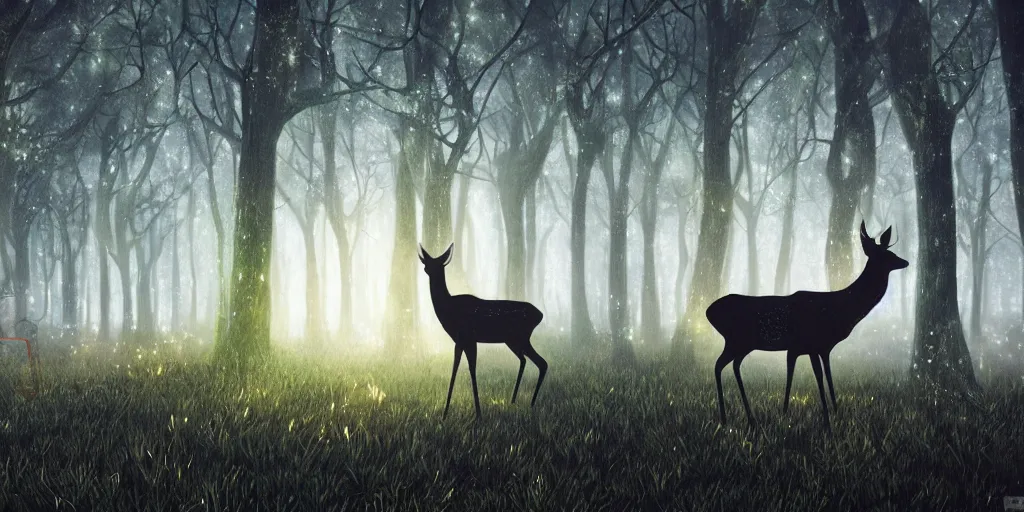 Image similar to a single deer in an ethereal electronic forest made from glowing circuits and electronics, highly detailed concept art, cinematic framing, 3 d, dark, moody, led