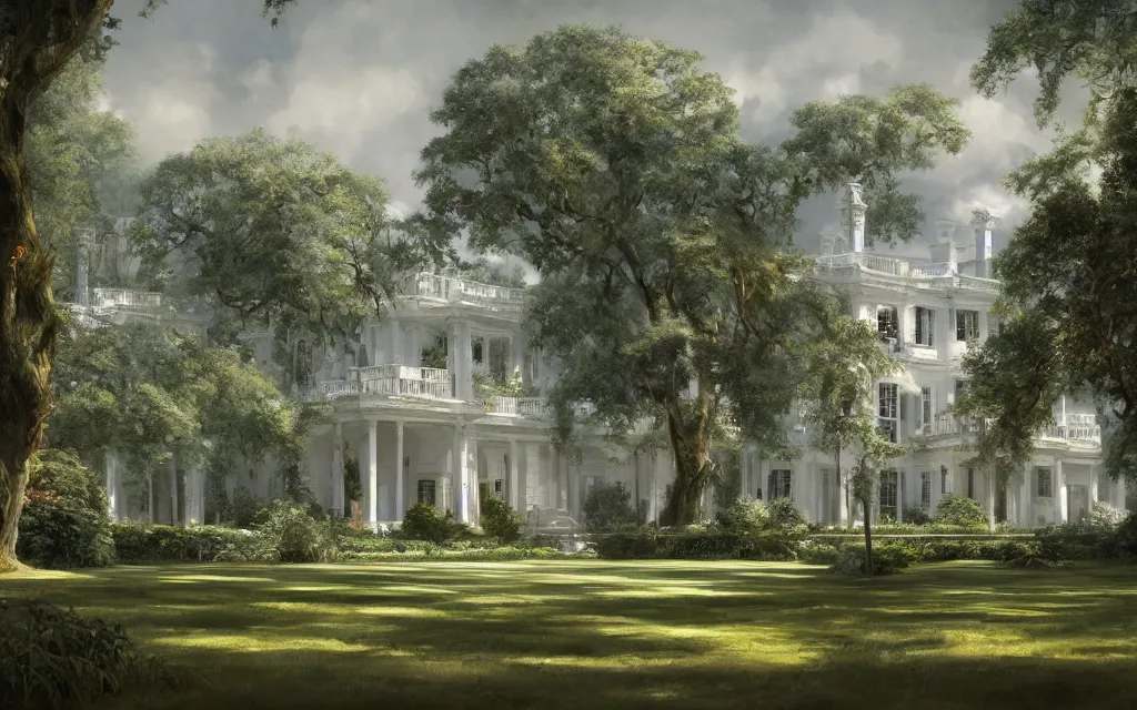 Prompt: a southern plantation, ornate large white manor house, long tree-lined driveway, romanticism, hyperdetailed, artstation, cgsociety, 8k, masterpiece