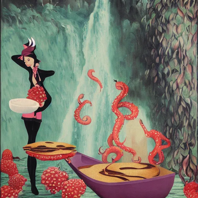 Image similar to tall female catgirl artist holding berry pancakes in her flooded apartment, pomegranates, octopus, water gushing from ceiling, painting of flood waters inside an artist's apartment, a river flooding indoors, mushrooms, ikebana, zen, rapids, waterfall, black swans, canoe, berries, acrylic on canvas, surrealist, by magritte and monet