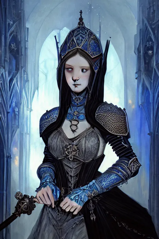 Prompt: beautiful luxury and gothic and victorian and evil medieval female blue & white armor knight portrait+smoky eyes+light flowing hair, in ruin gothic cathedral, ultradetail face, art and illustration by tian zi and craig mullins and WLOP and alphonse mucha, fantasy, intricate complexity, human structure, fantasy world concept, watermark, blurry, hyperrealism 8k