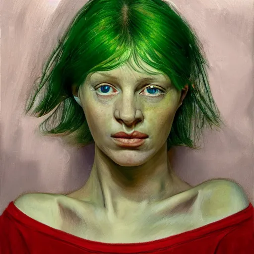 Image similar to high quality high detail painting by lucian freud, hd, green hair woman portrait, photorealistic lighting