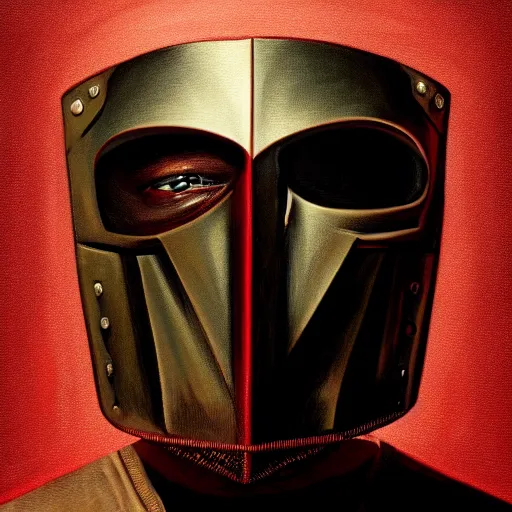 Image similar to portrait of mf doom, dr. doom metal steel mask, dark skin underneath. red t - shirt, beige complex background, intricate, elegant, highly detailed, digital painting, artstation, concept art, smooth, sharp focus, illustration, by anato finnstark, boissb - blanca. j, cindy avelino, clint cearley, anna podedworna