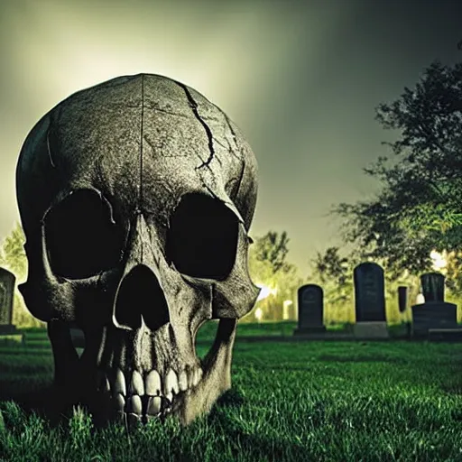 Image similar to giant skull hovering over graveyard, realistic shattered human skull, nighttime award winning photography