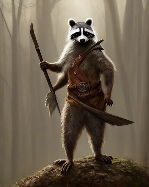 Prompt: oil painting of Anthropomorphized Racoon, holding spear, wearing hunter coat, proud look, full body, sharp focus, fantasy style, octane render, volumetric lighting, 8k high definition, by greg rutkowski, highly detailed, trending on art Station, magic the gathering artwork, woodland backround