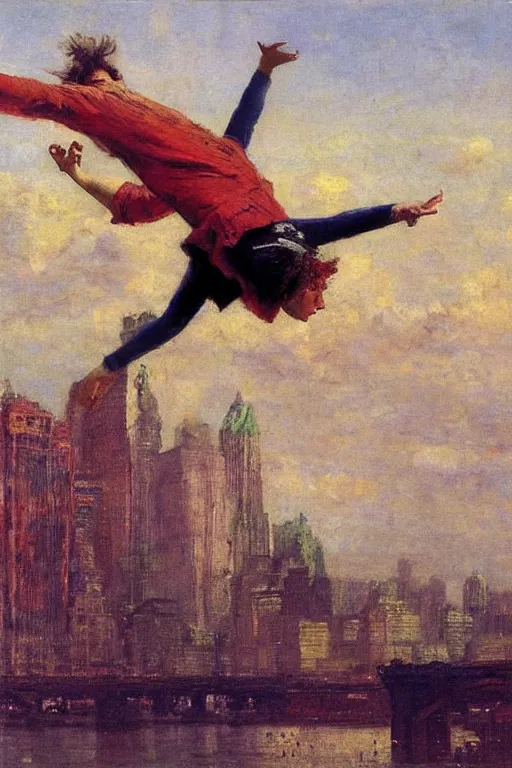 Image similar to a young man flying through new york city. his hands stretched to the side. a floating circus in the background. art by ilya repin.