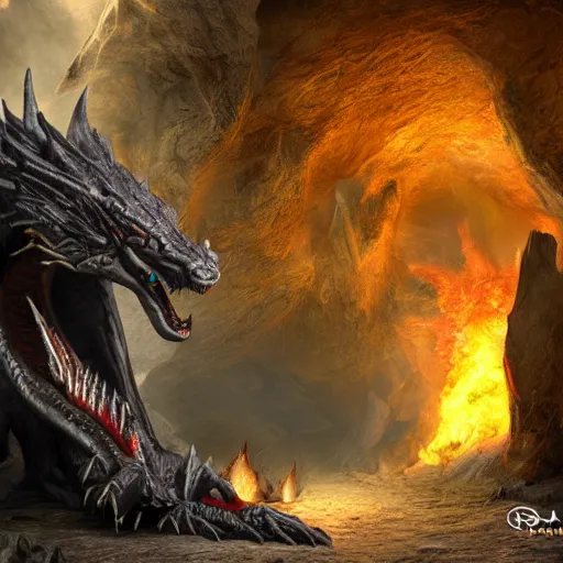 Image similar to fantasy black dragon living in huge cave, lots of details, fire breath, 3 d octane