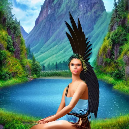 Image similar to inka harpy girl, wearing inka clothes, sitting at a pond, mountainous area, trees in the background, digital art