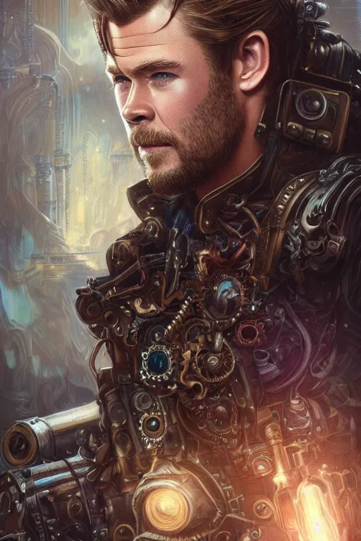 Prompt: chris hemsworth as a steampunk cyborg, portrait, western, steampunk, duster, fantasy, intricate, elegant, highly detailed, digital painting, artstation, concept art, sharp focus, illustration, art by artgerm and greg rutkowski and alphonse mucha