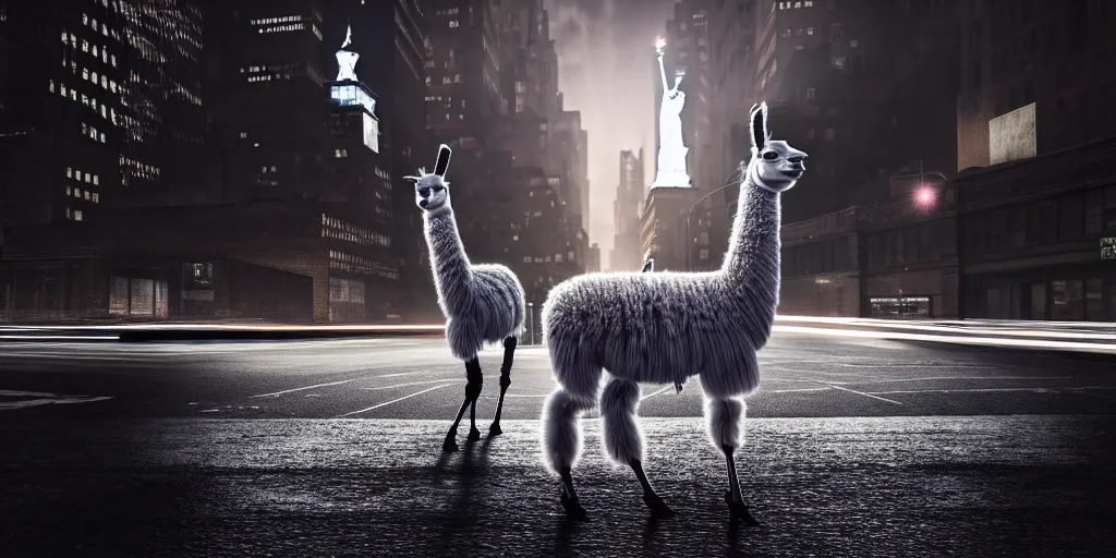 Image similar to a llama walking through a desolate manhattan city street at night, statue of liberty seen in the background, realistic 4 k octane beautifully detailed render, 4 k post - processing, highly detailed, detailed face, intricate complexity, epic composition, magical atmosphere, cinematic lighting, masterpiece, color picture, ultra hd