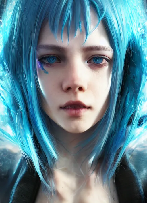 Image similar to beautiful young cyberpunk girl with blue hair, blue eyes, au naturel, hyper detailed, digital art, trending in artstation, cinematic lighting, studio quality, smooth render, fluorescent skin, unreal engine 5 rendered, octane rendered, art style by klimt and nixeu and ian sprigger and wlop and krenz cushart