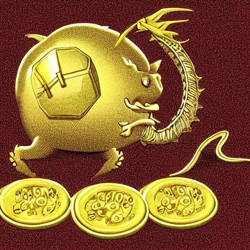 Image similar to bank filled with golden coins operated by dragons, cartoon