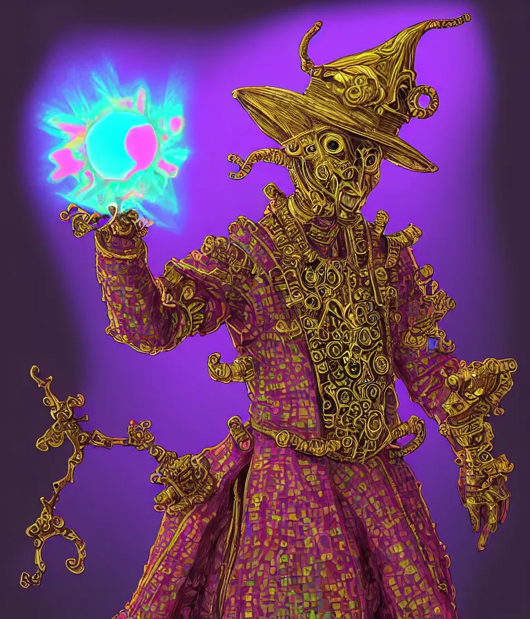 Image similar to front!!! shot of a court jester!!! character, hyperdimensional, (bioluminescent) hypercubes, dark holography!!!, ((sunset)) ((psychedelic)), chrome, mechanical, (((intricate))), elegant, highly detailed, centered, (((artstation, concept art, smooth, sharp focus, artgerm, Tomasz Alen Kopera, Peter Mohrbacher, donato giancola, Joseph Christian Leyendecker, WLOP, Boris Vallejo))), mugshot!!!!!, ugly!!!!!!, octane render, nvidia raytracing demo, octane render, nvidia raytracing demo, octane render, nvidia raytracing demo, grainy, muted, 8K, digitalblasphemy, metatron