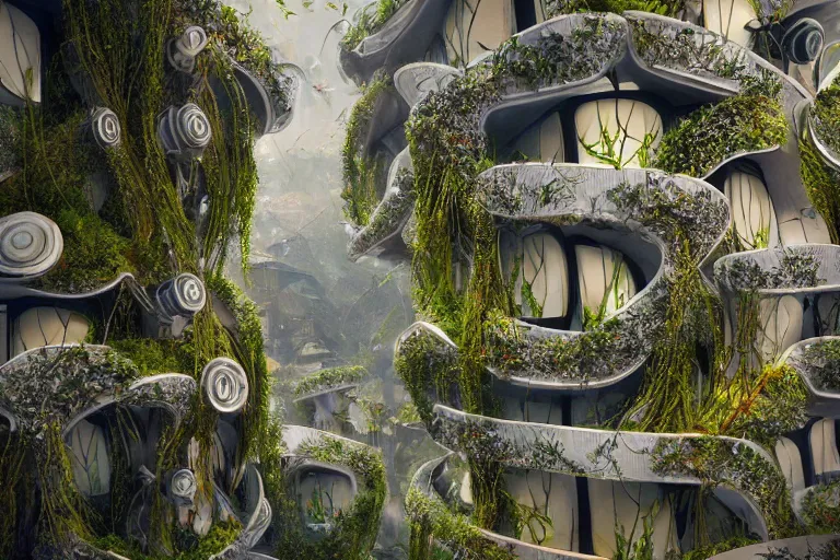 Prompt: futuristic foliage overgrowing favela fungus hive, art nouveau environment, award winning art, epic dreamlike fantasy landscape, ultra realistic,