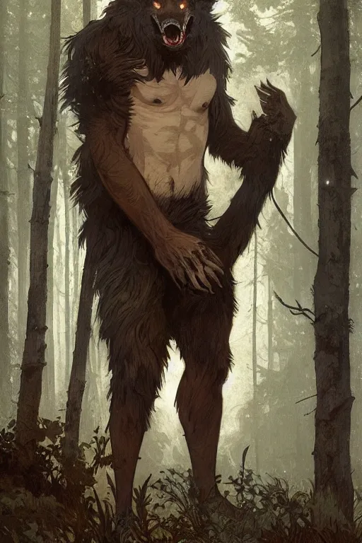 Image similar to fullbody portrait of a male werewolf, bared teeth, long claws, by greg rutkowski and alphonse mucha, gradient brown to silver, in front of a forest at night background, highly detailed portrait, digital painting, artstation, concept art, smooth, sharp focus illustration