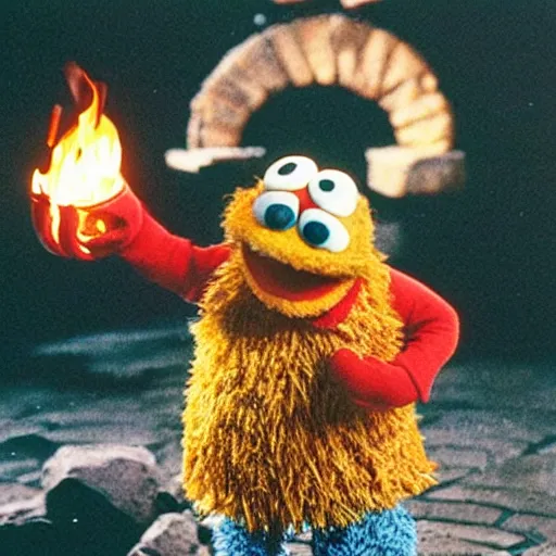 Prompt: “film still of Bert from Sesame Street throwing the one ring into the fires of Mount Doom”